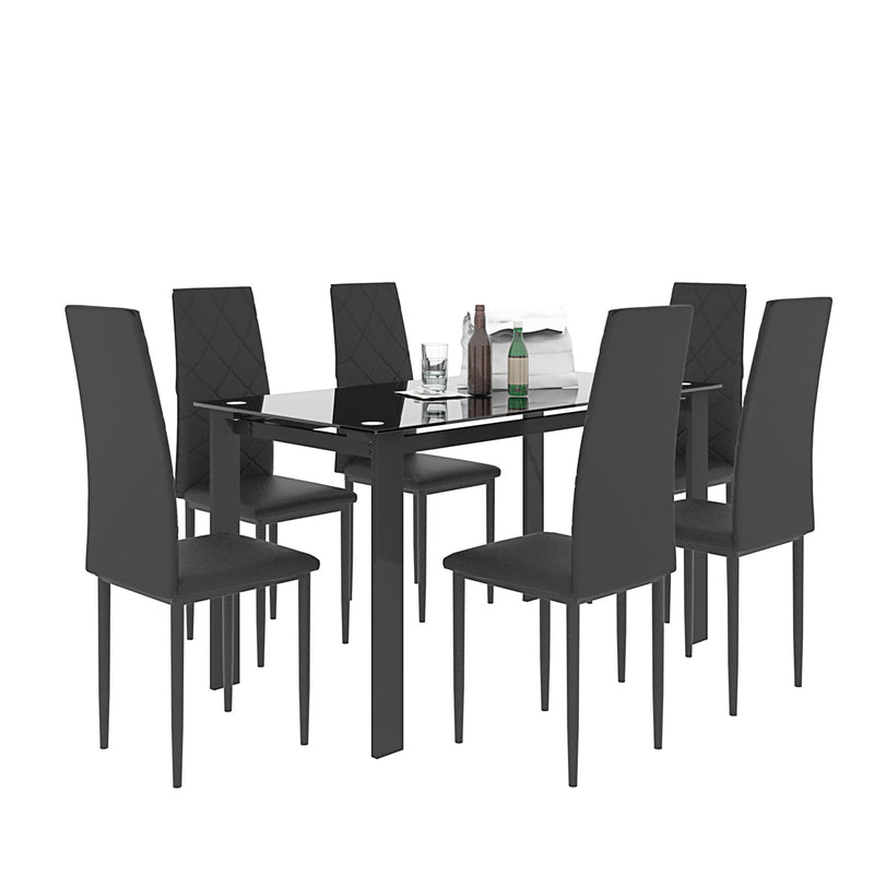 Modern 7 Piece Dining Table Set With Glass Top And Chairs - Black