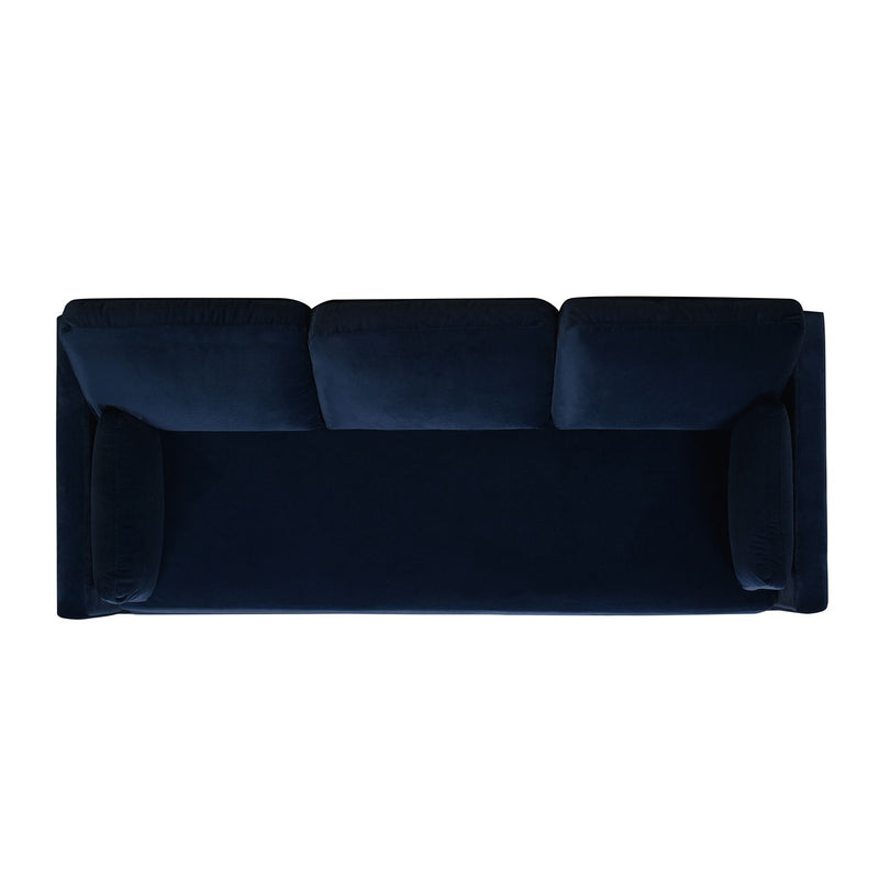 Modern farmhouse sofa in dark navy blue with thick cushions and rounded arms