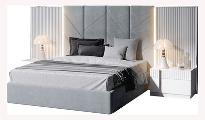 Upholstered platform bed with striped light grey side panels and paneled headboard