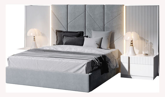 Upholstered platform bed with striped light grey side panels and paneled headboard