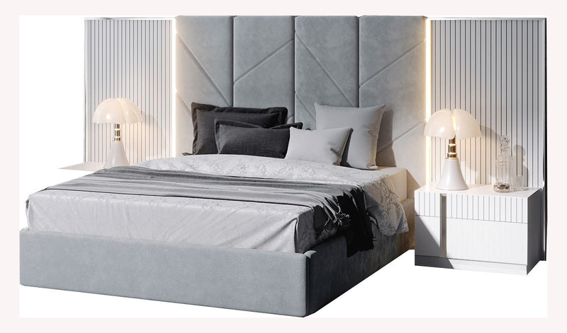 Upholstered platform bed with striped light grey side panels and paneled headboard