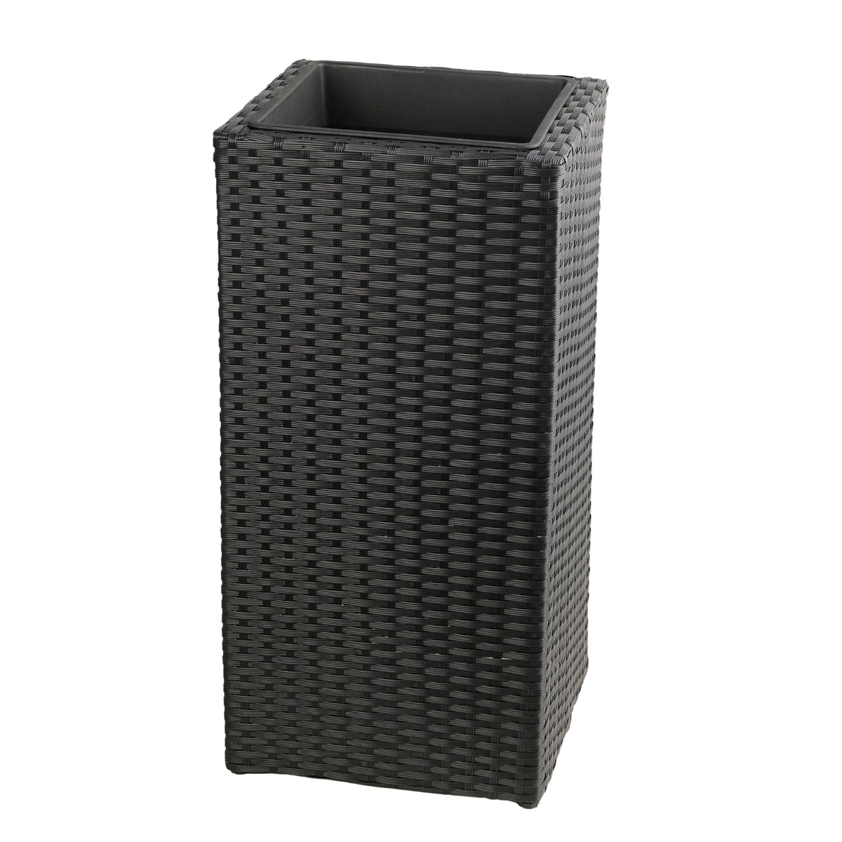 Black square planter box with woven rattan-style sides and an open top