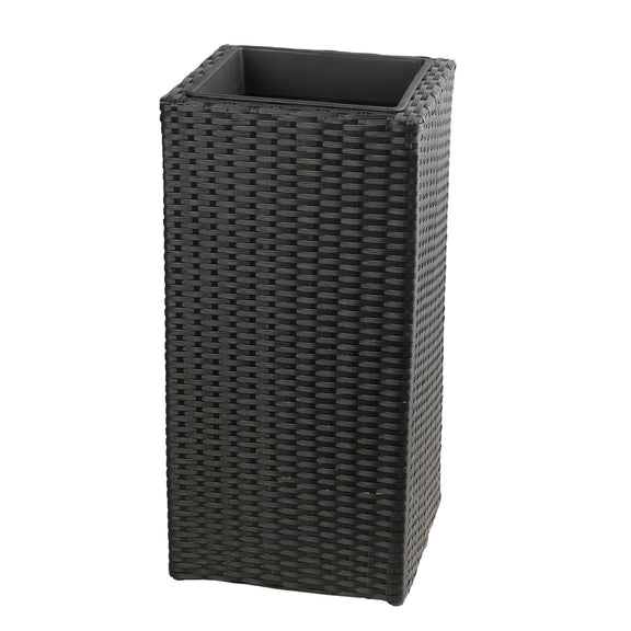 Black square planter box with woven rattan-style sides and an open top