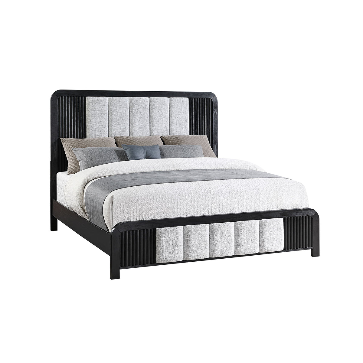 Black fluted bed frame with padded headboard, gray upholstered panels, and pillows.