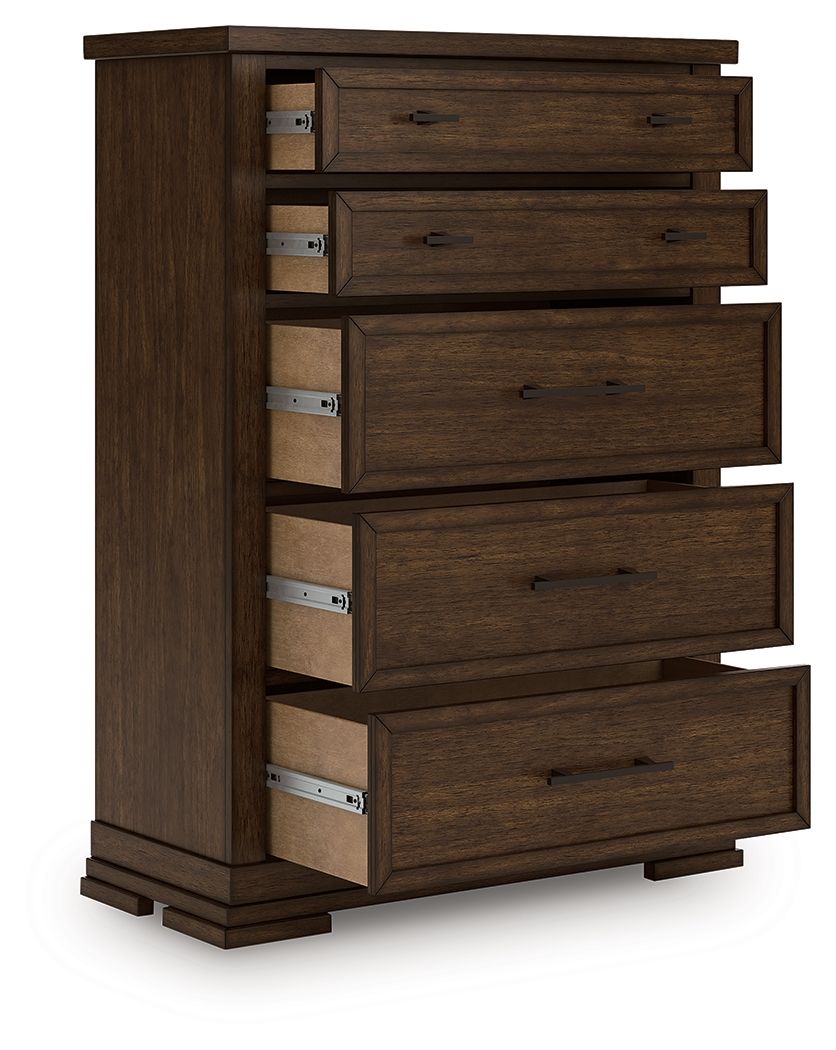 Medium brown five-drawer chest with black metal bar pulls and open drawer space
