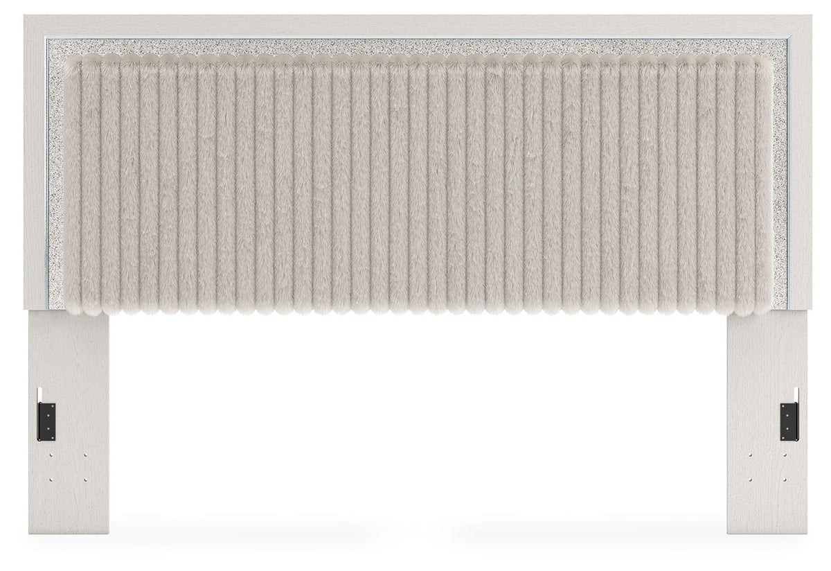 Upholstered panel headboard with white ribbed fabric and light frame, full front view