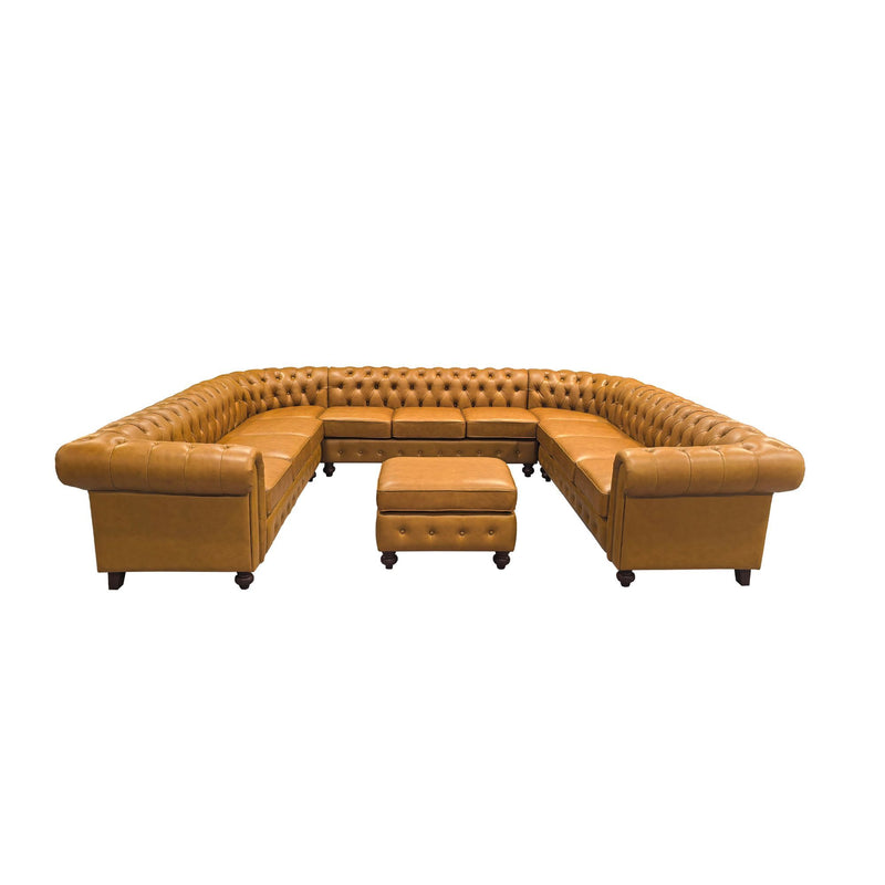 Light brown tufted U-shape sectional sofa with corner seats and central ottoman