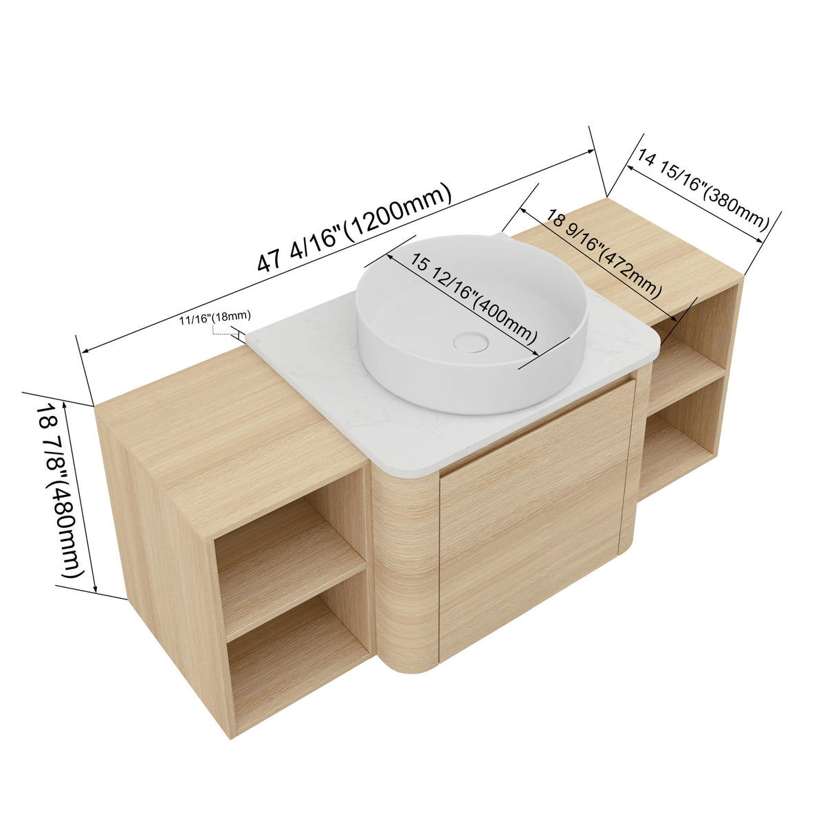 Wall-mounted bathroom vanity with white round art sink and two open storage shelves