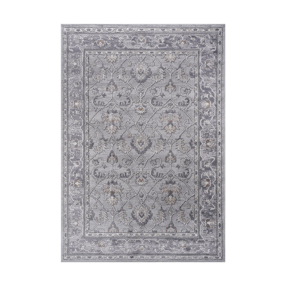 Gray and blue oriental area rug with symmetrical pattern and flat-framed border.