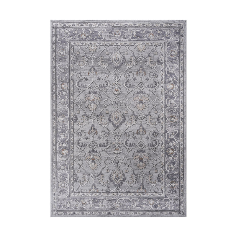 Gray and blue oriental area rug with symmetrical pattern and flat-framed border.