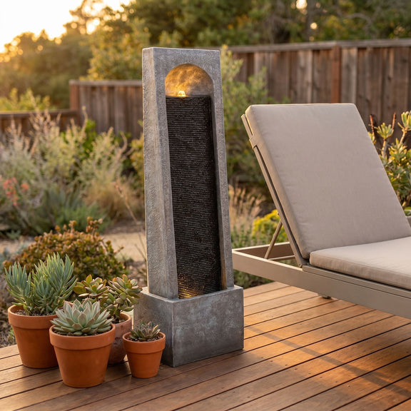 Gray outdoor waterfall fountain with a black cascade beside a patio lounge chair