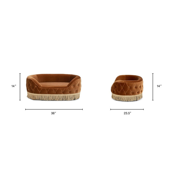Burnt orange tufted dog sofa bed, 36"L x 23.5"W x 14"H, fringed base