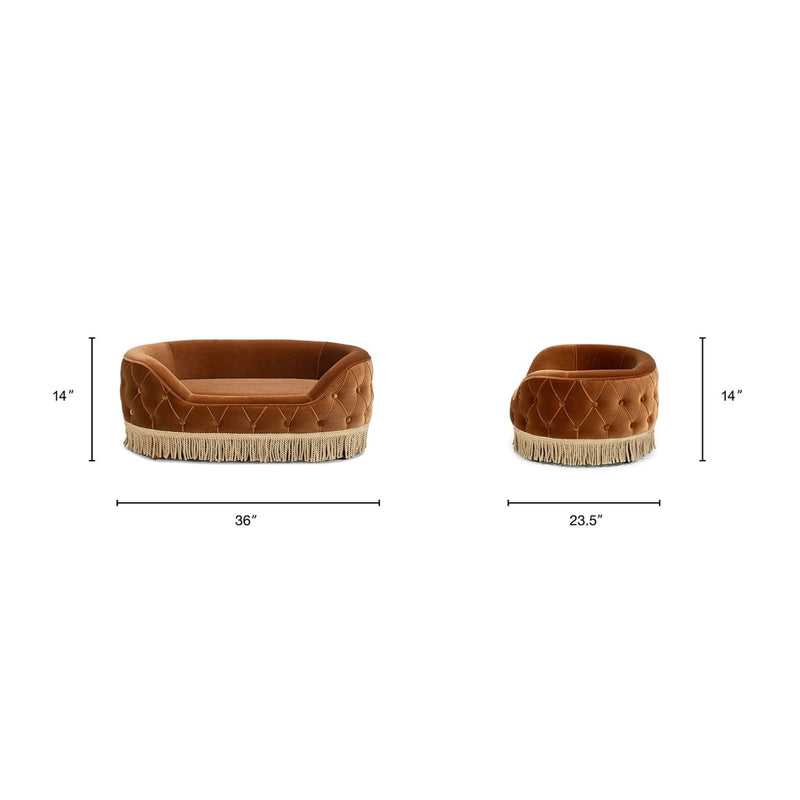 Burnt orange tufted dog sofa bed, 36"L x 23.5"W x 14"H, fringed base
