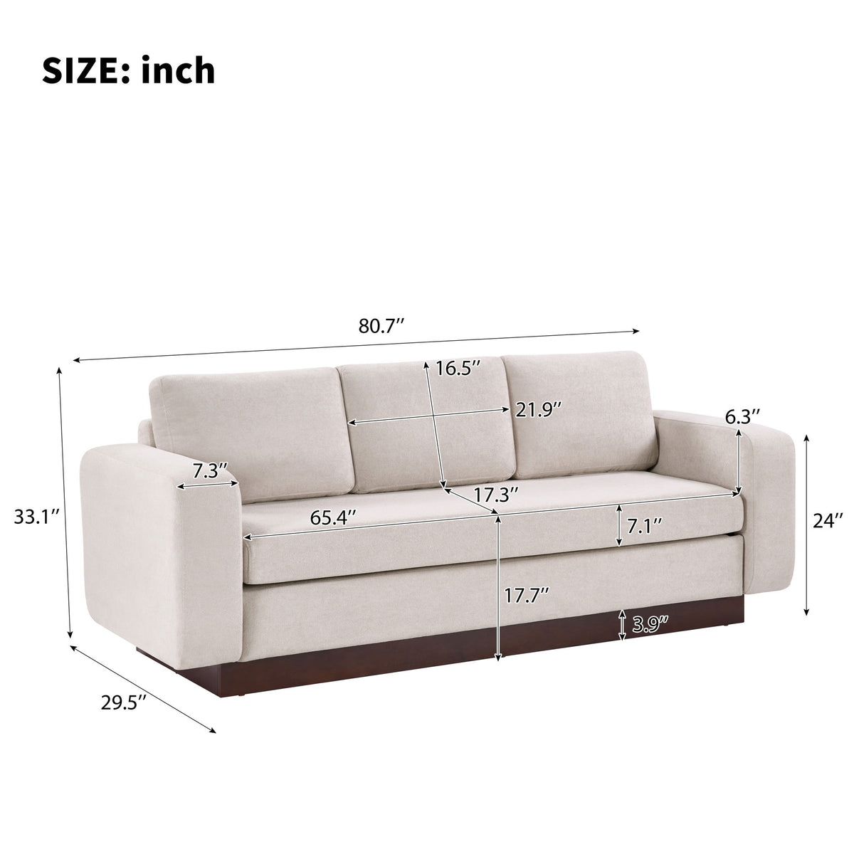 Light beige 3-seater sofa with padded arms and box seat cushions, shown with measurements