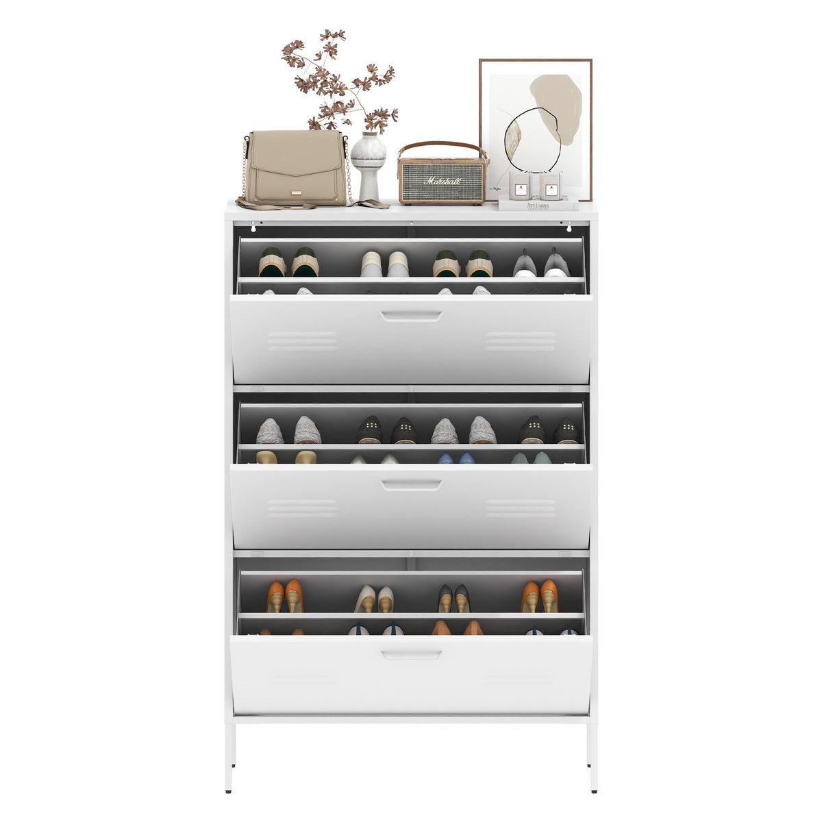 Modern Shoe Storage Cabinet With 3 Flip Drawers And Metal Frame For Entryway - Brushed Nickel
