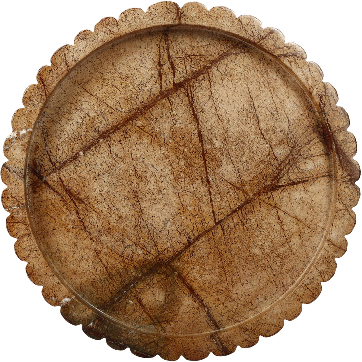 Round brown marble tray with scalloped rim and dark veining