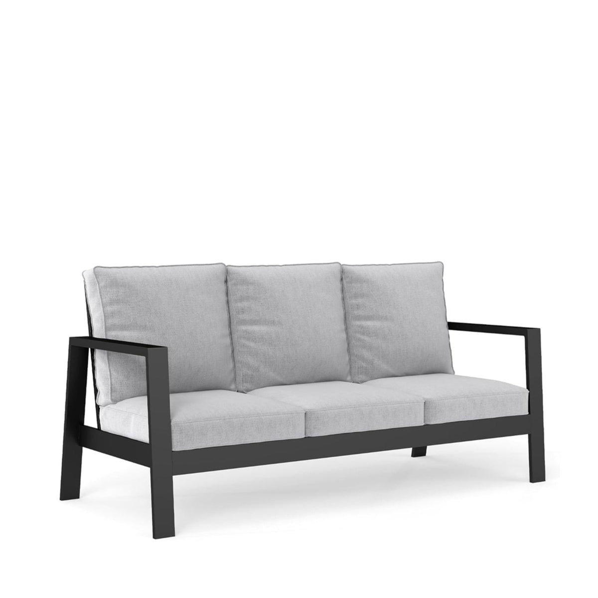 3-seat all-weather patio sofa with cushions, light gray fabric and black metal frame