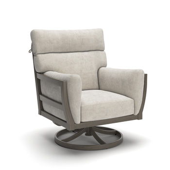 Swivel lounge chair with beige cushions, padded arms, and a brown metal pedestal base