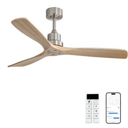 Silver ceiling fan with three light wood blades and central motor housing