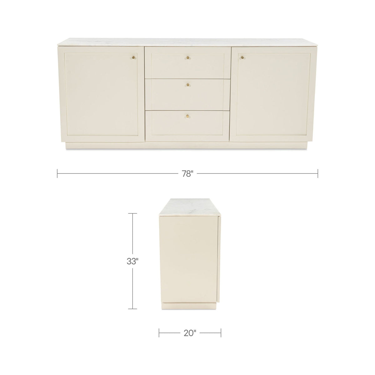 Cream sideboard with two side doors, three drawer fronts, and a straight base