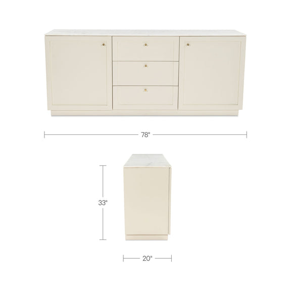 Cream sideboard with two side doors, three drawer fronts, and a straight base