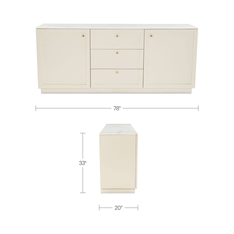 Cream sideboard with two side doors, three drawer fronts, and a straight base