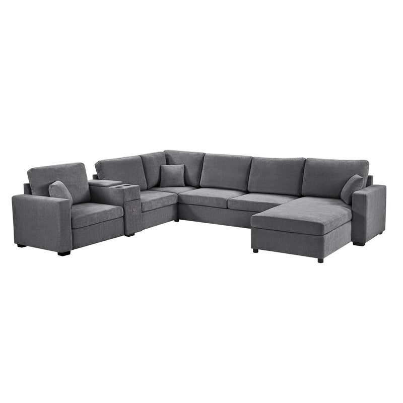 Modular 5 Seat U-Shape Sectional Sofa With Chaise Lounge, Built In Cup Holders And Storage Drawer
