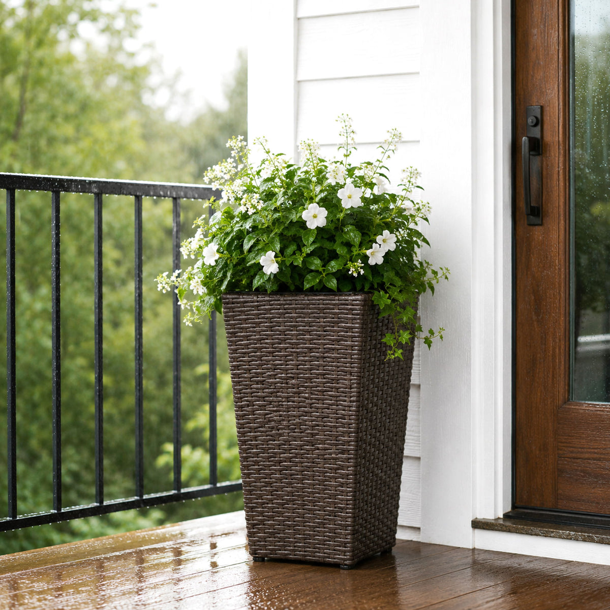 Brown woven tapered planter with flowers