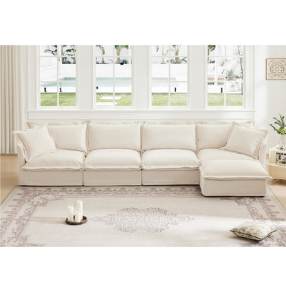 4-Seater Slipcovered L-Shaped Chenille Sectional Sofa - Cream Chenille