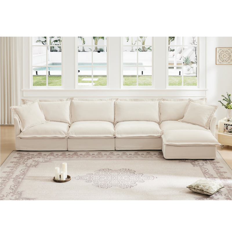 4-Seater Slipcovered L-Shaped Chenille Sectional Sofa - Cream Chenille