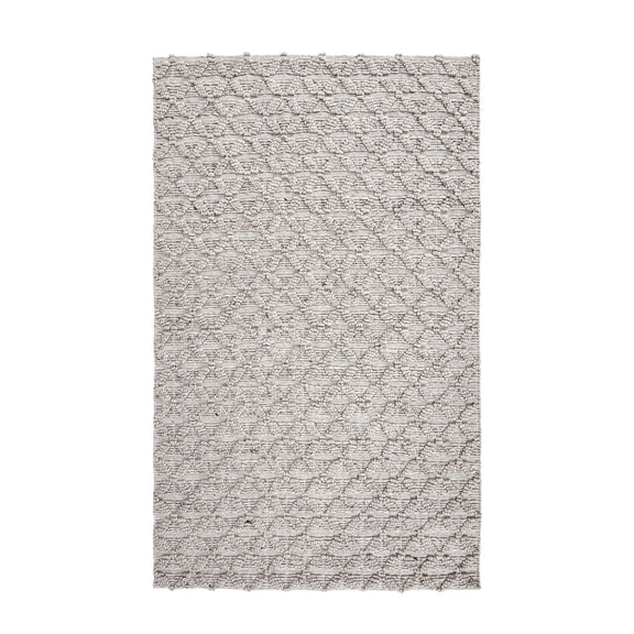Light gray patterned area rug with textured diamond lattice and short pile.