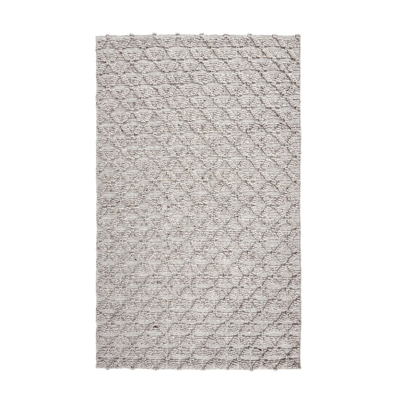 Light gray patterned area rug with textured diamond lattice and short pile.
