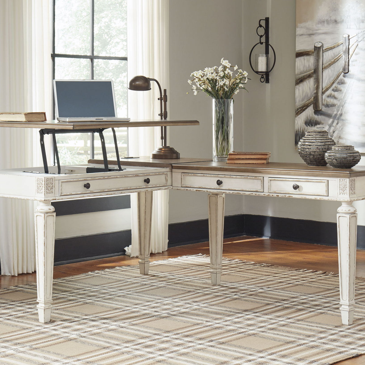 Realyn - L Shaped Desk With Lift Top - White / Brown