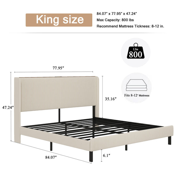 King-size beige platform bed diagram with ribbed headboard, slats, and black metal base