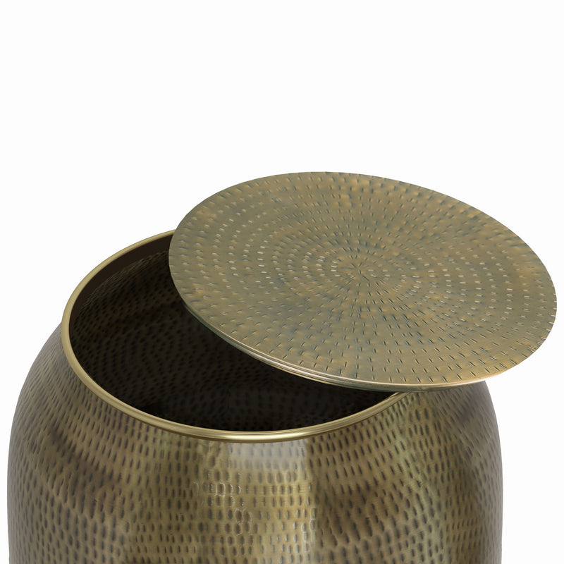 Round hammered metal storage accent table with gold-toned lid and textured barrel body