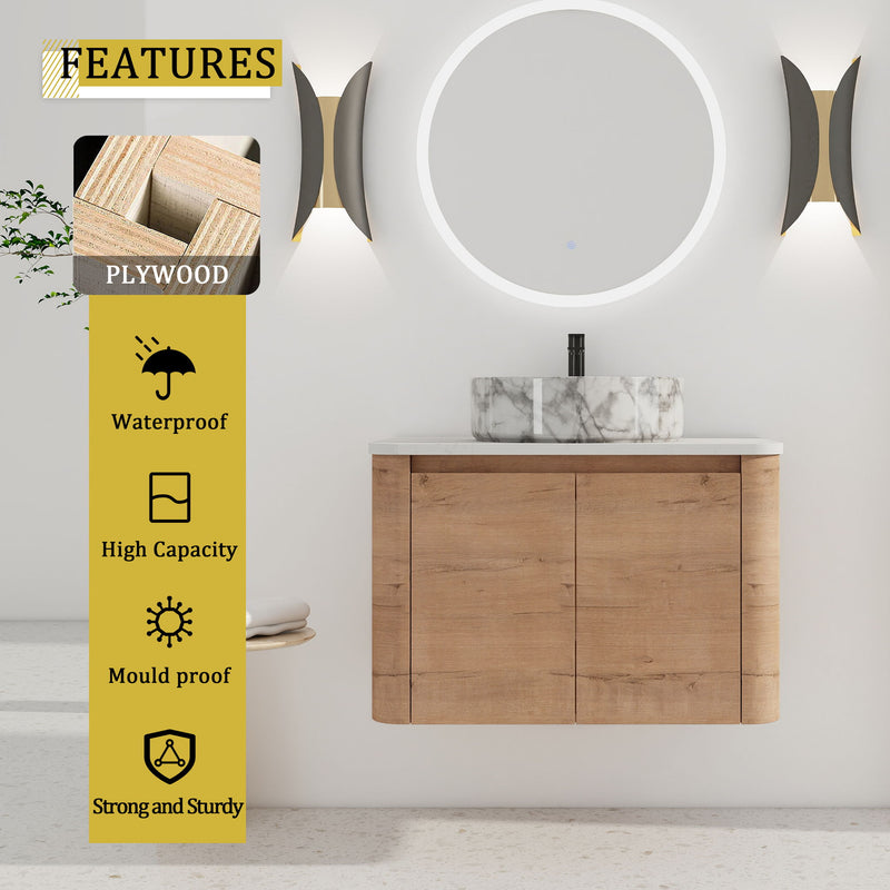 Wall-mounted bathroom vanity with light-wood cabinet and white marble vessel sink, wall mirror