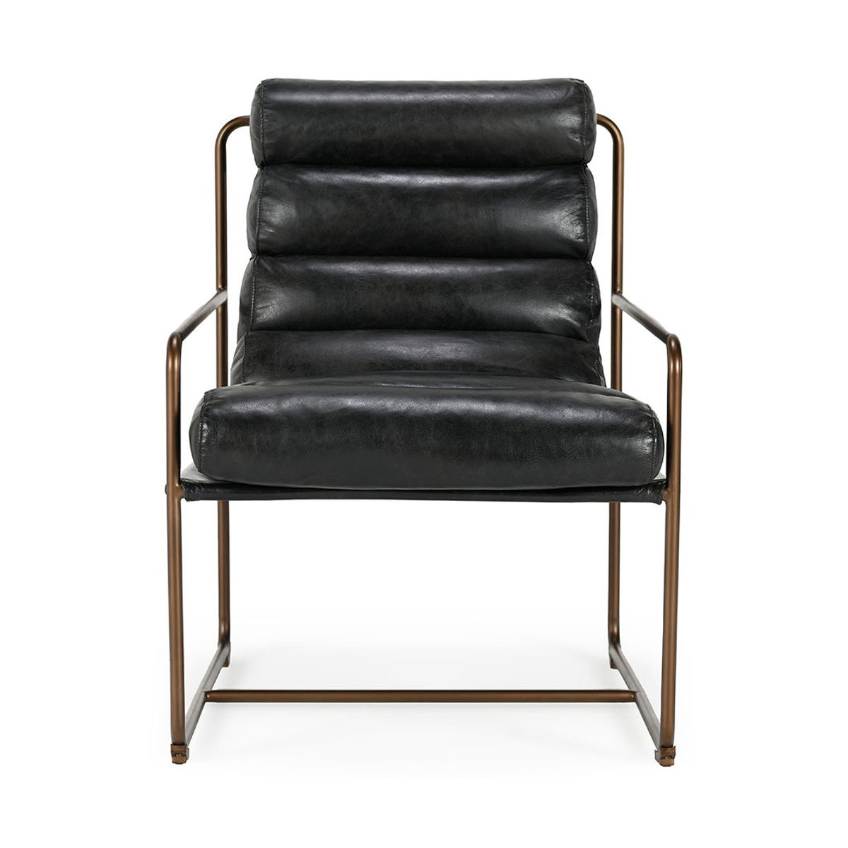 Jet black faux leather accent chair with thick back cushion and bronze metal legs