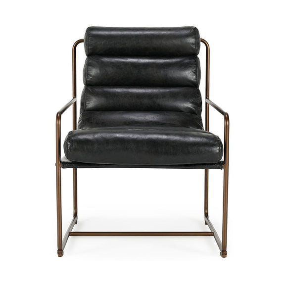 Jet black faux leather accent chair with thick back cushion and bronze metal legs