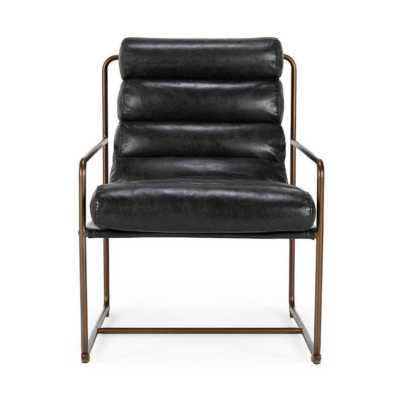 Jet black faux leather accent chair with thick back cushion and bronze metal legs