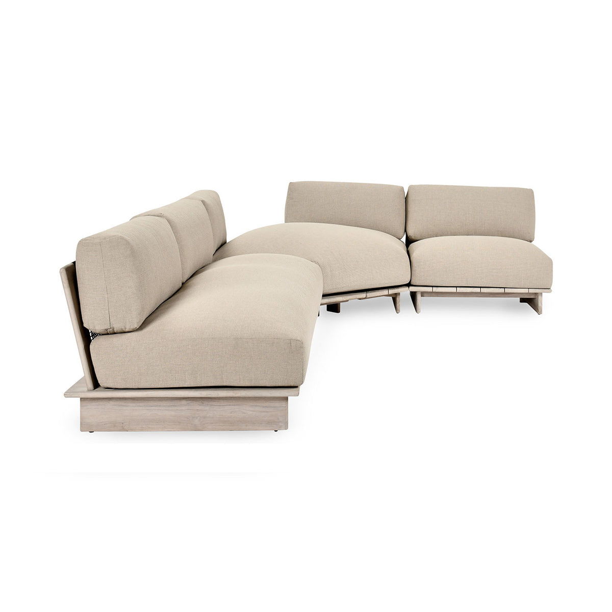 Taupe 3-piece outdoor sectional corner chaise sofa with beige cushions and wood base