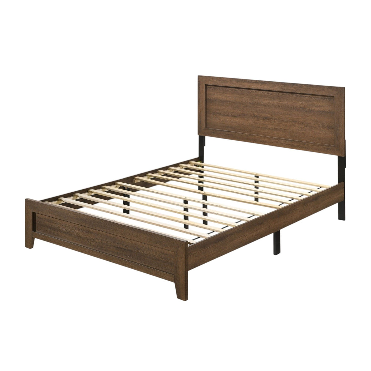 Dark brown panel bed with tall headboard and slatted support base