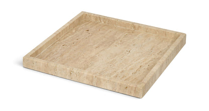 Beige travertine tray with shallow raised sides and stone speckled pattern