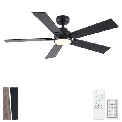 Black reversible ceiling fan with integrated LED light and dimmable lamp