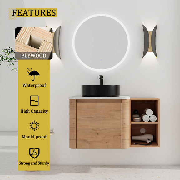 Wall-mounted vanity with black vessel sink and open side shelf, two-door cabinet