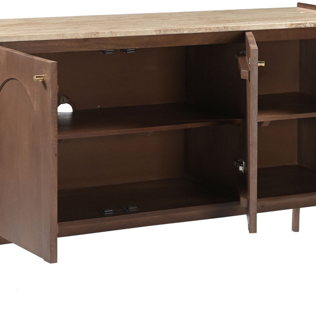 Dark brown sideboard with marble top and open doors revealing multiple storage shelves