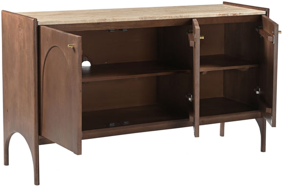Dark brown sideboard with marble top and open doors revealing multiple storage shelves