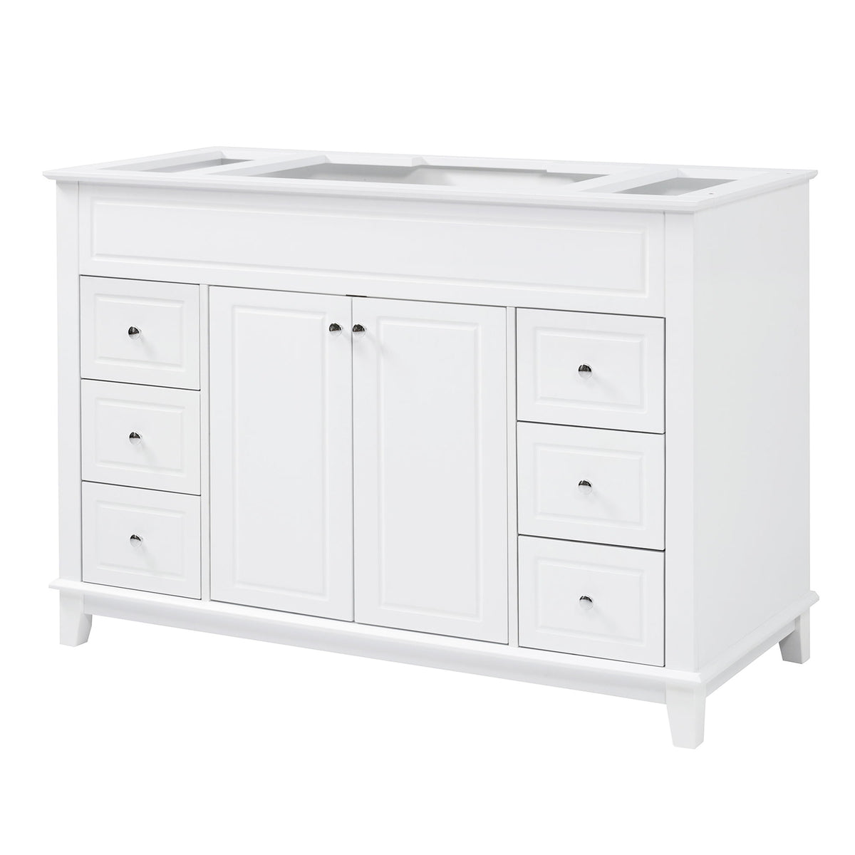 White bathroom vanity cabinet with six drawers and double doors, front view
