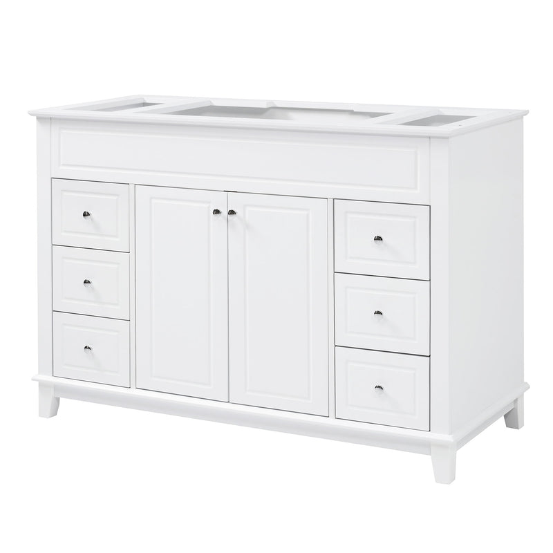 White bathroom vanity cabinet with six drawers and double doors, front view