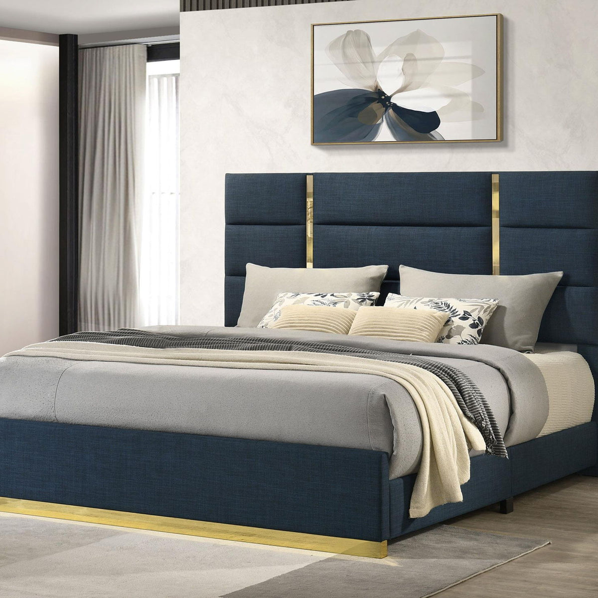 Ines 56-inch Fabric Upholstered Eastern King Panel Bed Navy
