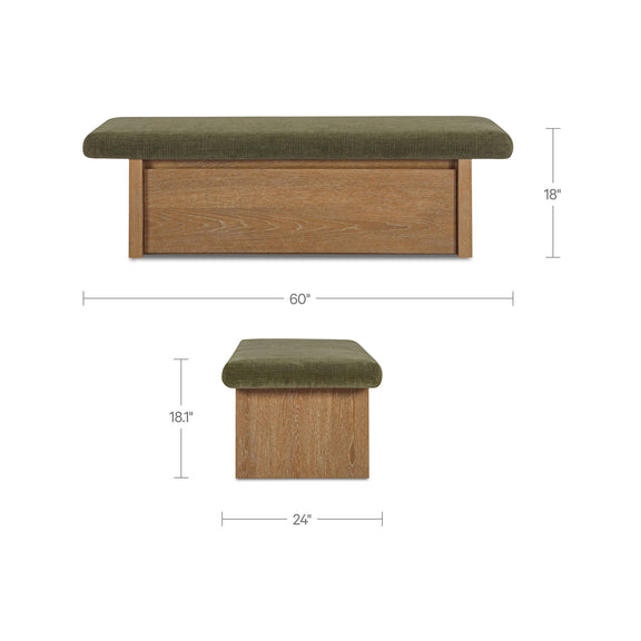 Dark green storage bench, 60"W x 18"H x 24"D, padded top and wood storage base.